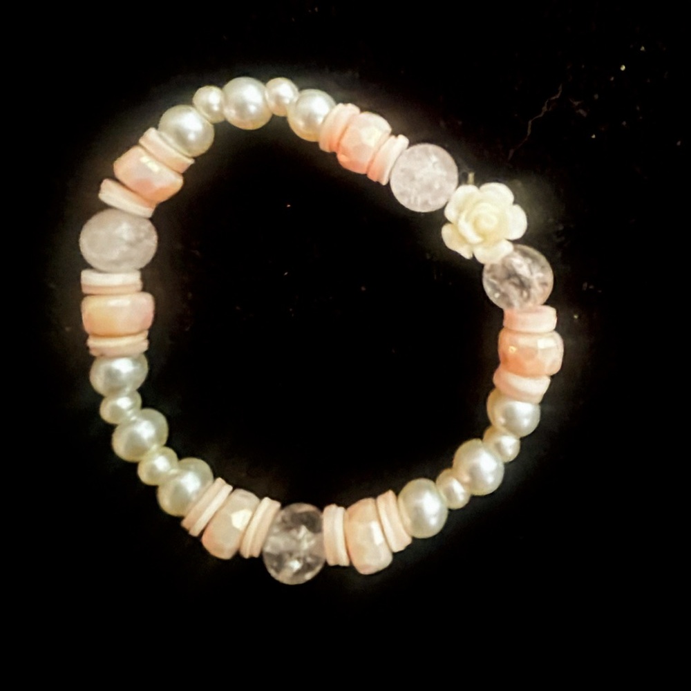 Pink and White Beaded Bracelet with Rose